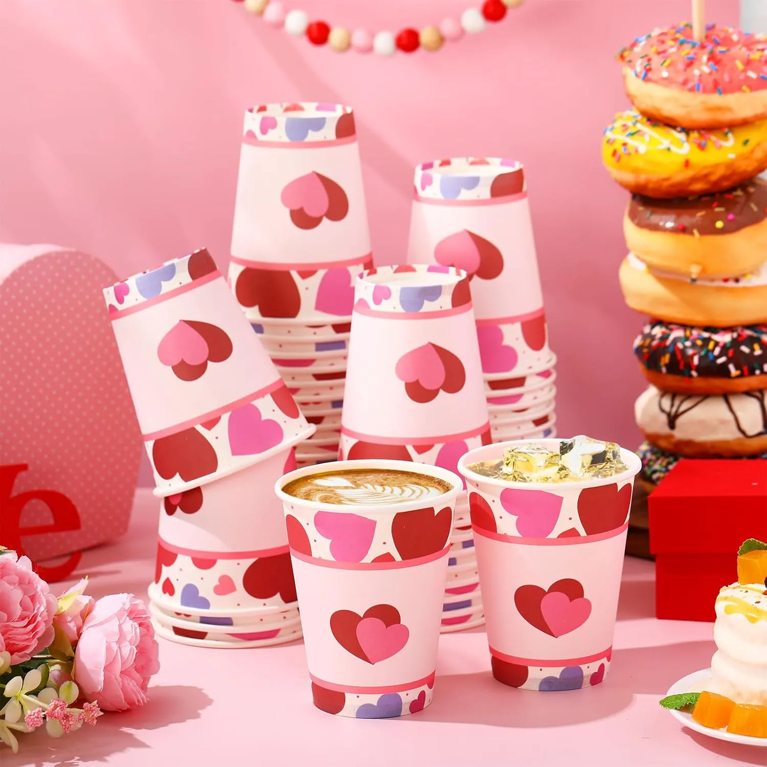 50 Pcs Valentine's Day Paper Cups 12 oz Conversation Heart Paper Cups Disposable Valentines Cups Hot Chocolate Coffee Tea Drinking Cups for Anniversary Wedding Party Supplies(Red,Vivid)