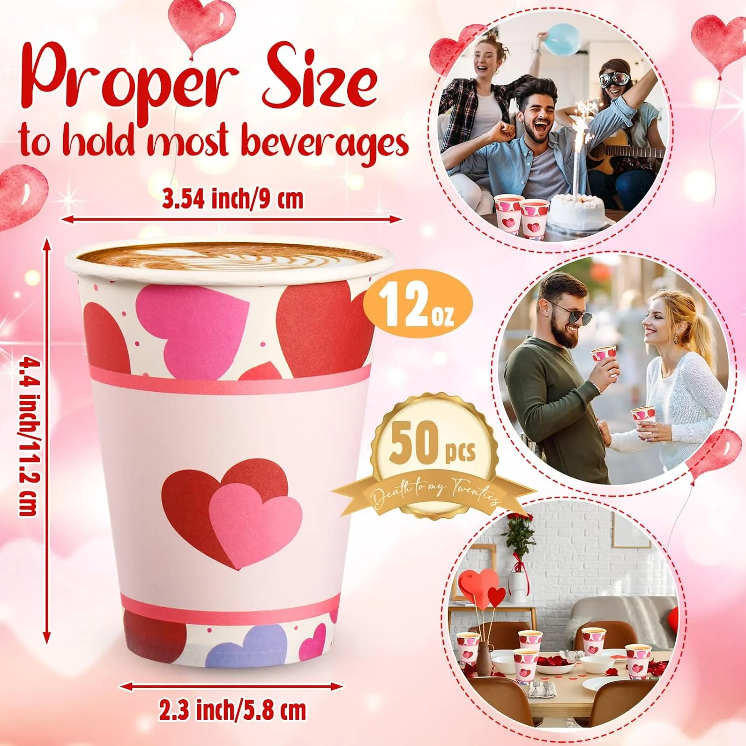 50 Pcs Valentine's Day Paper Cups 12 oz Conversation Heart Paper Cups Disposable Valentines Cups Hot Chocolate Coffee Tea Drinking Cups for Anniversary Wedding Party Supplies(Red,Vivid)