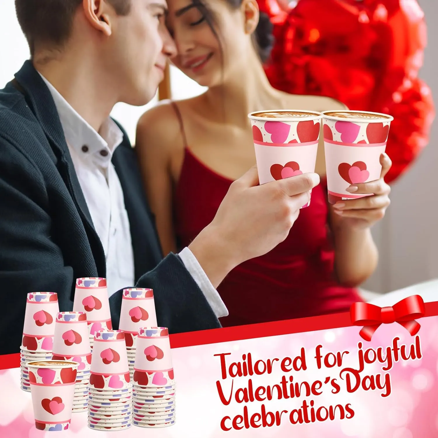 50 Pcs Valentine's Day Paper Cups 12 oz Conversation Heart Paper Cups Disposable Valentines Cups Hot Chocolate Coffee Tea Drinking Cups for Anniversary Wedding Party Supplies(Red,Vivid)