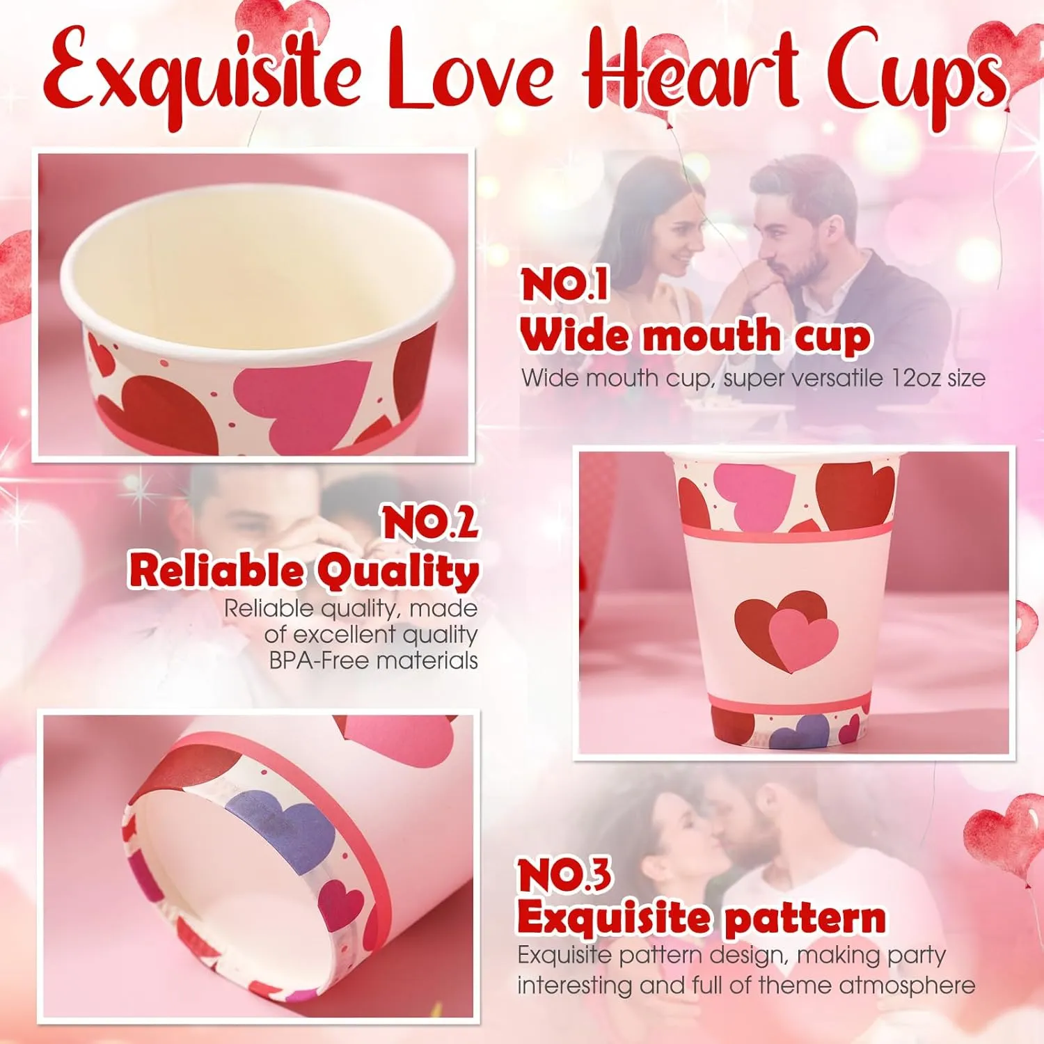 50 Pcs Valentine's Day Paper Cups 12 oz Conversation Heart Paper Cups Disposable Valentines Cups Hot Chocolate Coffee Tea Drinking Cups for Anniversary Wedding Party Supplies(Red,Vivid)