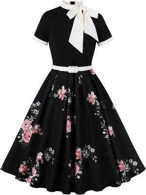 50s Style Dresses for Women Vintage Short Sleeve Tie Neck Swing Dress Midi Prom Dress with Belt