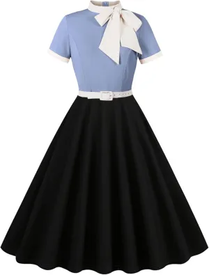 50s Style Dresses for Women Vintage Short Sleeve Tie Neck Swing Dress Midi Prom Dress with Belt