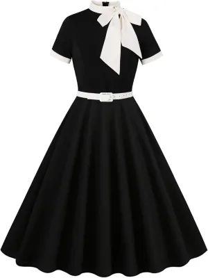 50s Style Dresses for Women Vintage Short Sleeve Tie Neck Swing Dress Midi Prom Dress with Belt