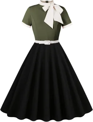 50s Style Dresses for Women Vintage Short Sleeve Tie Neck Swing Dress Midi Prom Dress with Belt