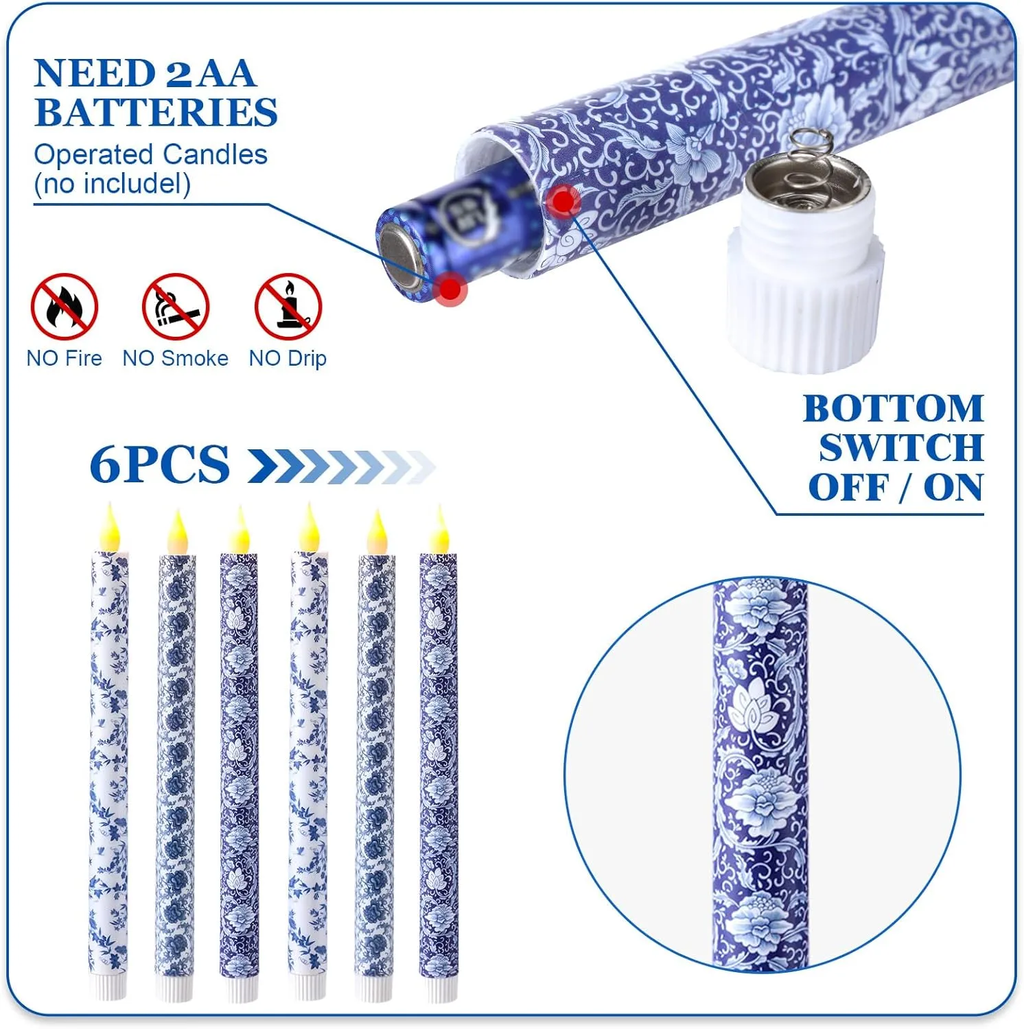 6 Pcs Chinoiserie Flameless Candles 10.6 Inch Blue and White Battery Operated Led Candlesticks Chinoiserie Decor for Wedding Party Home Table Centerpiece Mother's Day Gifts(Blue Chinoiserie Style)