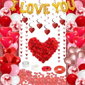 72 Pcs Valentines Day Decor Kit, 'I LOVE YOU' Banner, 1000 Dark-Red Rose Petals, Heart Foil Balloons, Multi Decorations For Romantic Occasions