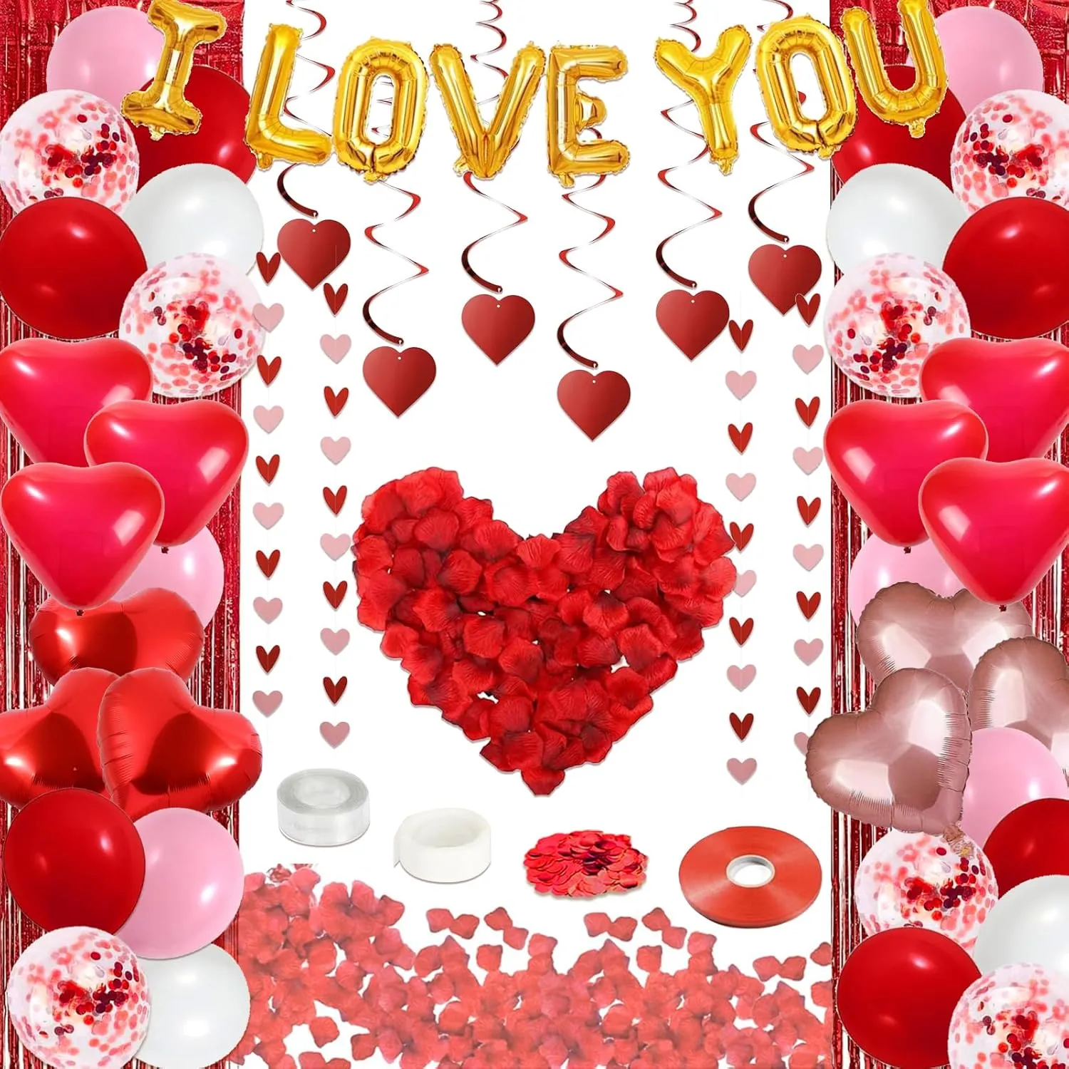 72 Pcs Valentines Day Decor Kit, 'I LOVE YOU' Banner, 1000 Dark-Red Rose Petals, Heart Foil Balloons, Multi Decorations For Romantic Occasions