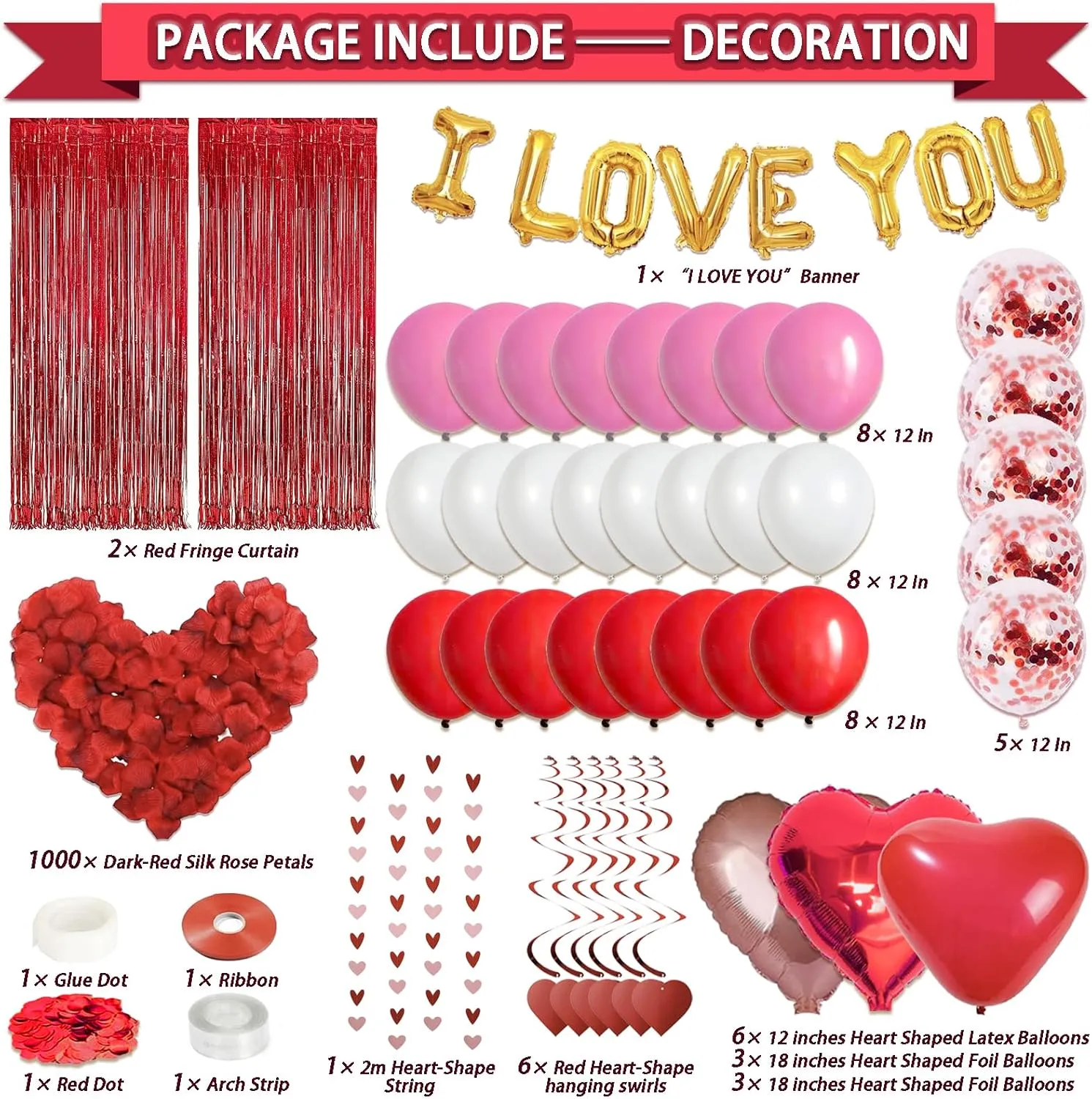 72 Pcs Valentines Day Decor Kit, 'I LOVE YOU' Banner, 1000 Dark-Red Rose Petals, Heart Foil Balloons, Multi Decorations For Romantic Occasions