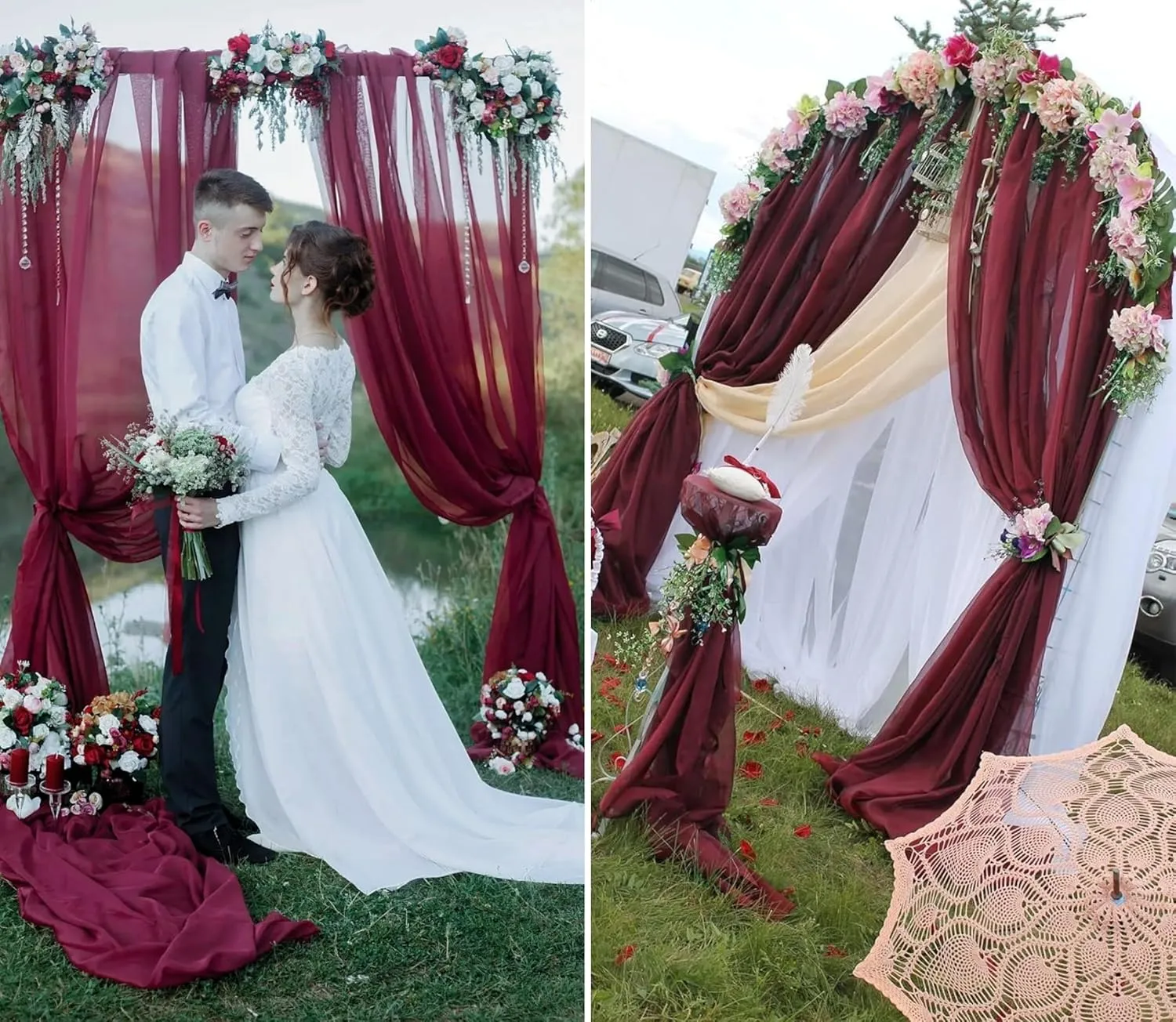 8 Panels Wedding Arch Draping Fabric 28" x20Ft Wedding Arch Drapes Chiffon Fabric Drape Sheer Backdrop Curtain for Weddings Party Swag Ceremony Birthday Arbor Drapery Reception Ceiling Décor(Burgundy)