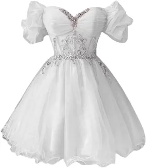 A-line Appliques Tulle Homecoming Dresses for Women, Short Prom Dresses Cocktail Dress Off The Shoulder