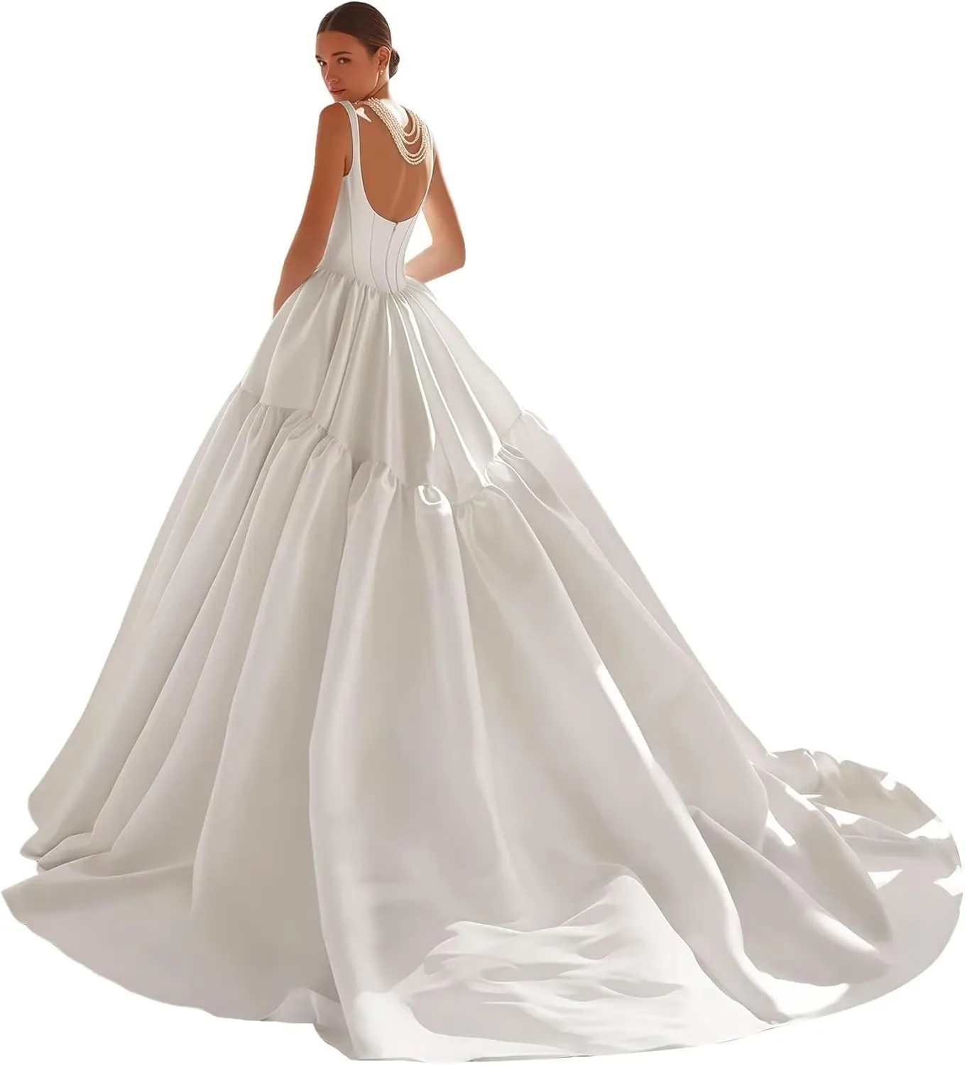 A Line Long Satin Wedding Dress for Bride, Bobo Spaghetti Straps Ruched Bride Gowns with Train for Women