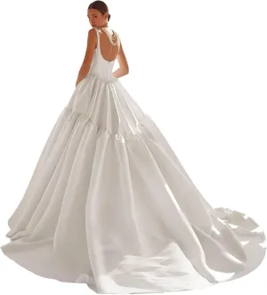 A Line Long Satin Wedding Dress for Bride, Bobo Spaghetti Straps Ruched Bride Gowns with Train for Women
