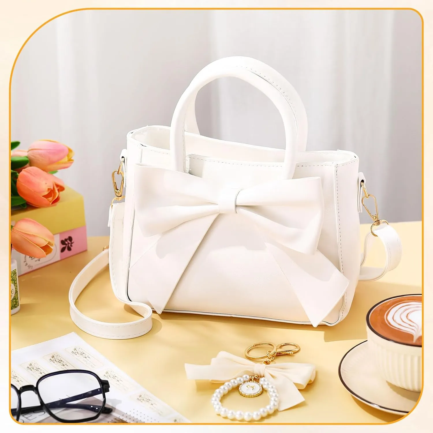 Abbylike Cute Purses for Women Leather Crossbody with Bow Charm Small Handbags with Adjustable Shoulder Strap