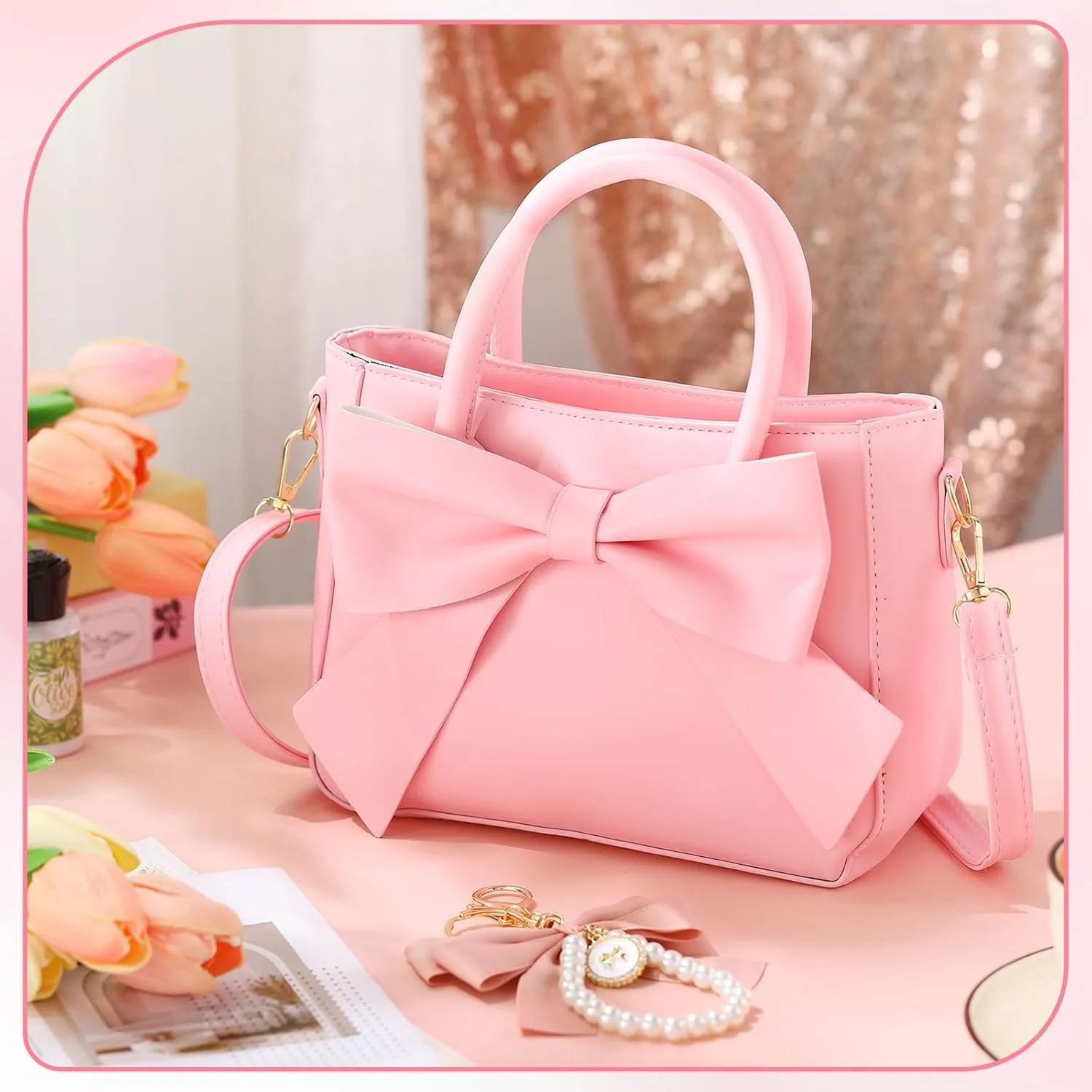 Abbylike Cute Purses for Women Leather Crossbody with Bow Charm Small Handbags with Adjustable Shoulder Strap