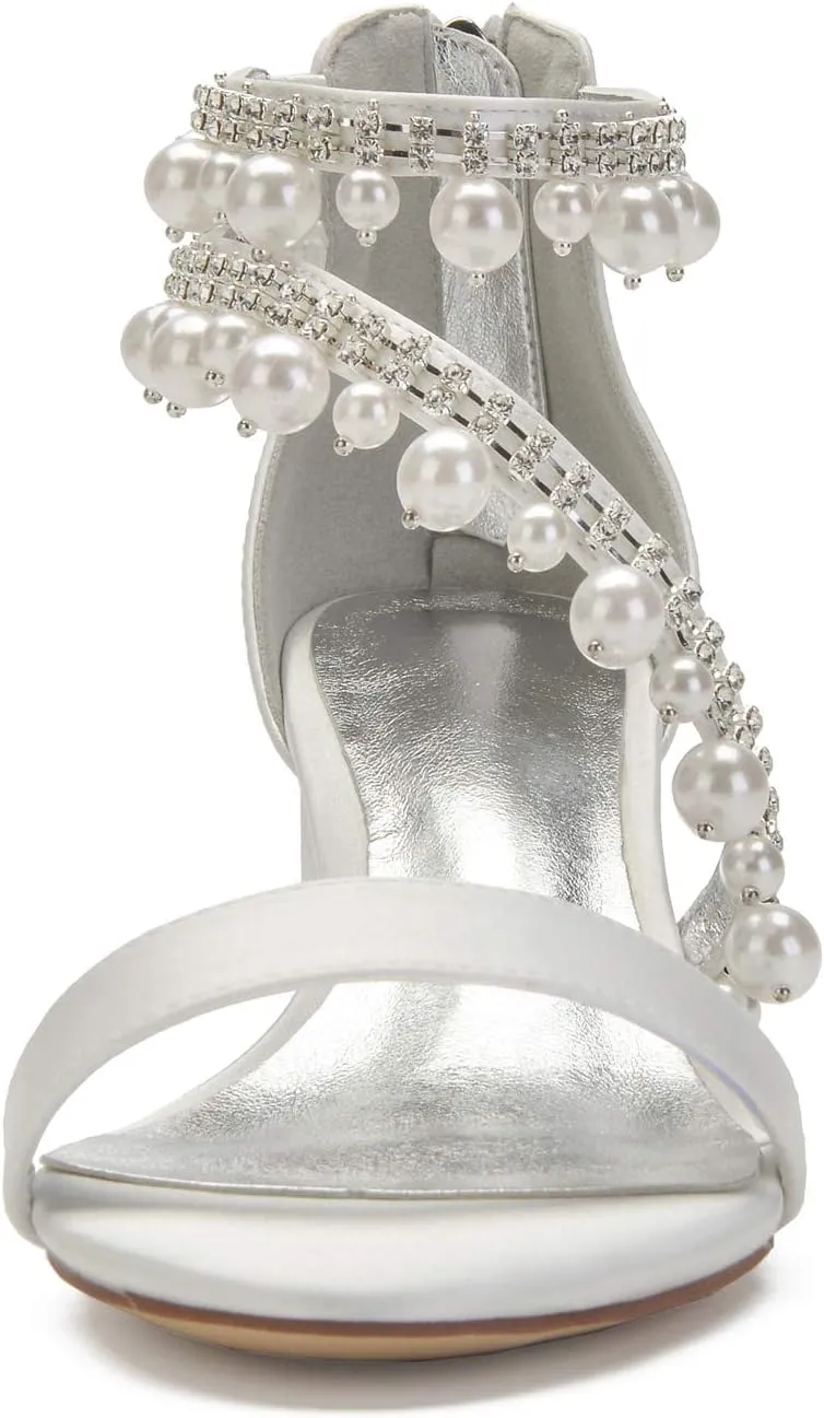 ADMLZQQ Women's Pointed Toe Pumps Pearl Satin Wedding Shoes for Bride Ankle Strap Bridal Shoes Formal Prom Party Dress Pumps Sandals