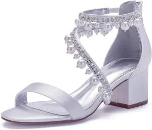 ADMLZQQ Women's Pointed Toe Pumps Pearl Satin Wedding Shoes for Bride Ankle Strap Bridal Shoes Formal Prom Party Dress Pumps Sandals