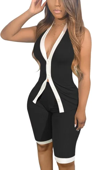 Adogirl 2 Piece Shorts Outfit for Women Ribbed Y2K Summer Sexy Button Down Tank Crop Top and Shorts Sets Workout Tracksuits