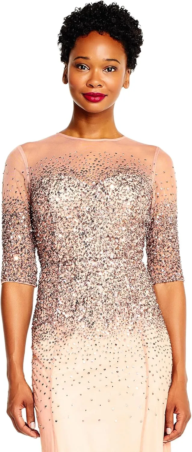 Adrianna Papell Women's 3/4 Sleeve Beaded Illusion Gown with Sweetheart Neckline