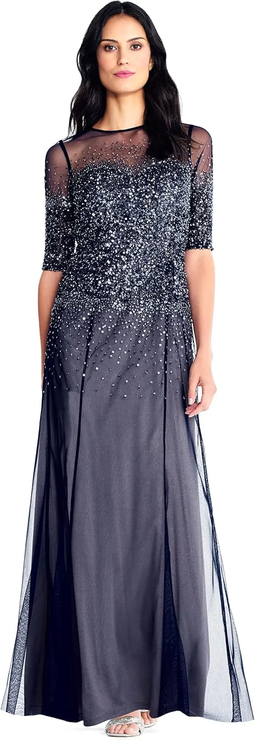 Adrianna Papell Women's 3/4 Sleeve Beaded Illusion Gown with Sweetheart Neckline