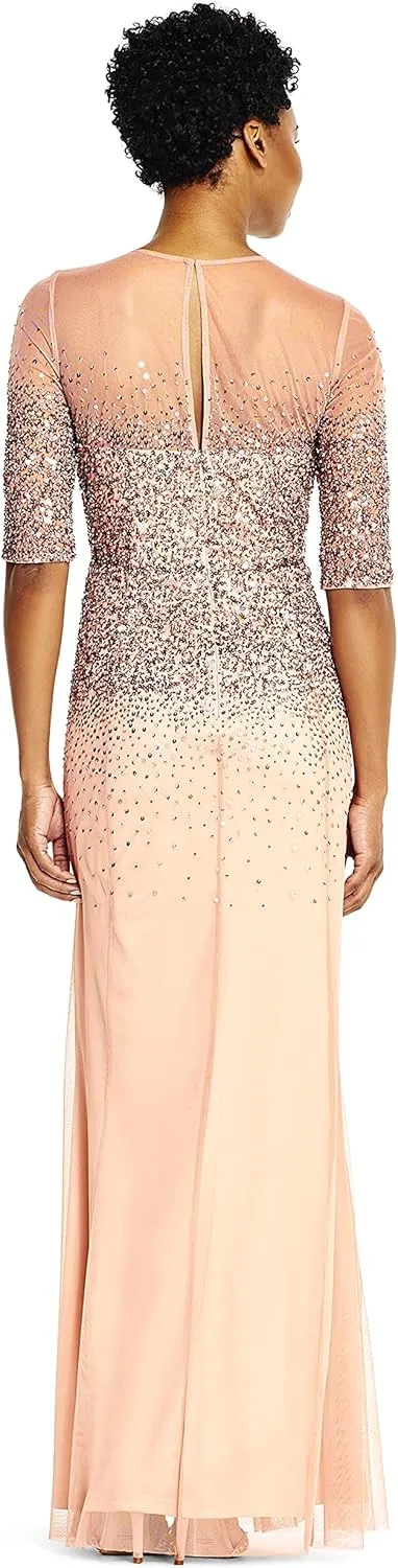 Adrianna Papell Women's 3/4 Sleeve Beaded Illusion Gown with Sweetheart Neckline