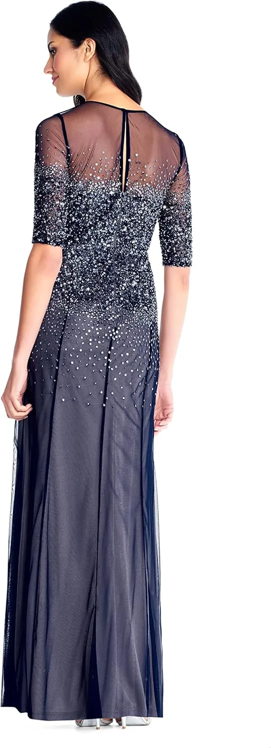 Adrianna Papell Women's 3/4 Sleeve Beaded Illusion Gown with Sweetheart Neckline