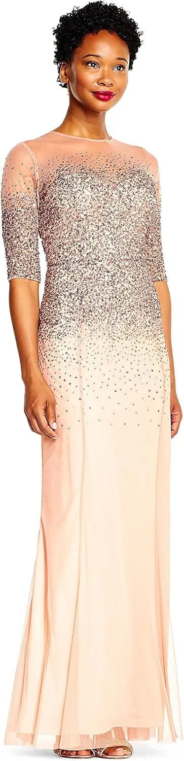 Adrianna Papell Women's 3/4 Sleeve Beaded Illusion Gown with Sweetheart Neckline