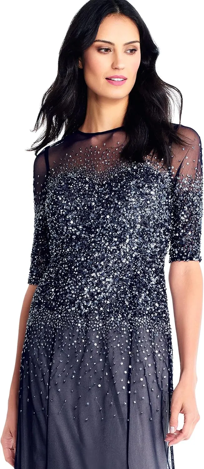 Adrianna Papell Women's 3/4 Sleeve Beaded Illusion Gown with Sweetheart Neckline