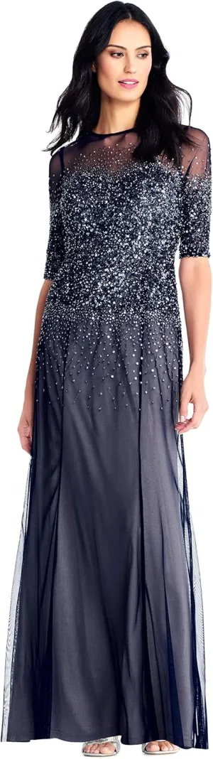 Adrianna Papell Women's 3/4 Sleeve Beaded Illusion Gown with Sweetheart Neckline