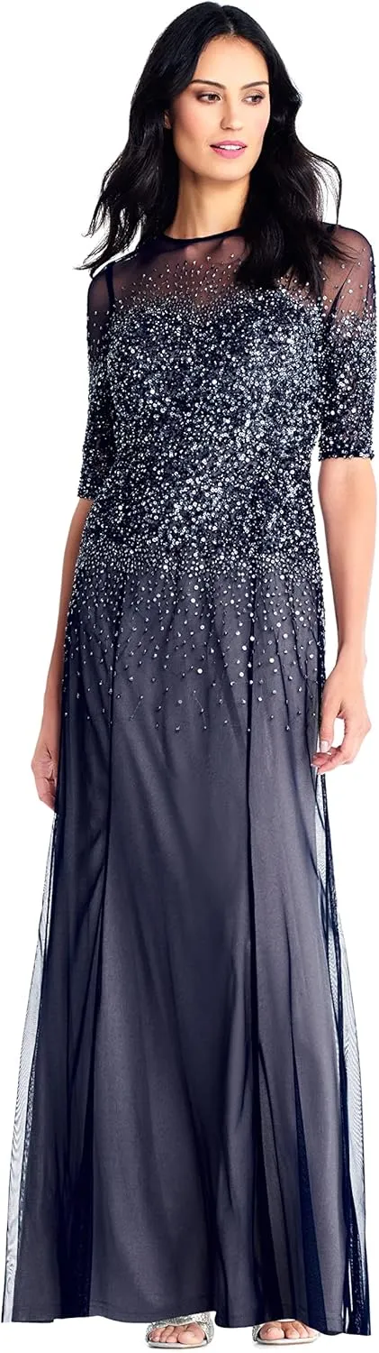 Adrianna Papell Women's 3/4 Sleeve Beaded Illusion Gown with Sweetheart Neckline