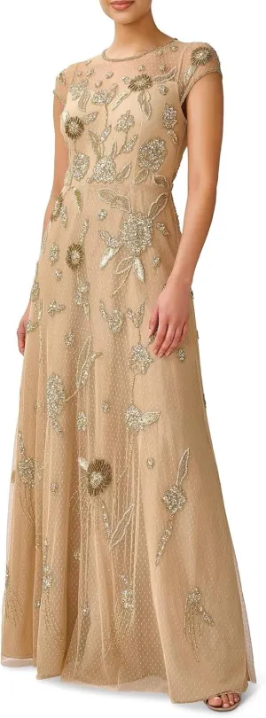 Aidan Mattox Illusion Crew Neck Cap Sleeve Zipper Back A-Line Beaded Mesh Dress-4 Light Gold