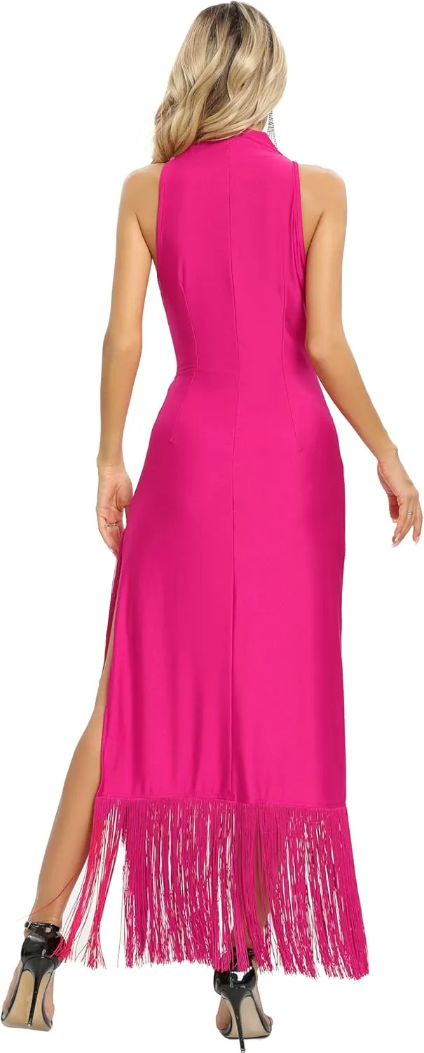 Aigeman Women Vintage Flapper Dresses 1920s Great Gatsby Halter Fringed Maxi Dress Tassels High Split Formal Dress 19