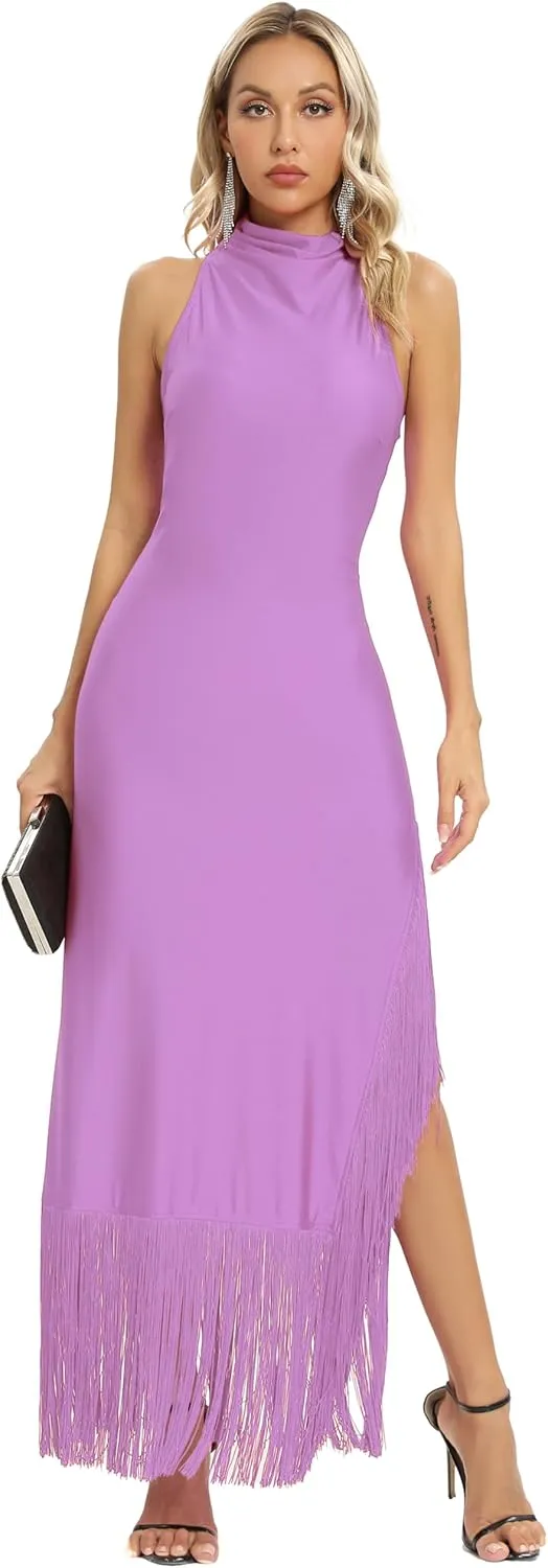 Aigeman Women Vintage Flapper Dresses 1920s Great Gatsby Halter Fringed Maxi Dress Tassels High Split Formal Dress 19