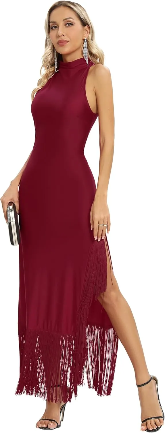 Aigeman Women Vintage Flapper Dresses 1920s Great Gatsby Halter Fringed Maxi Dress Tassels High Split Formal Dress 19