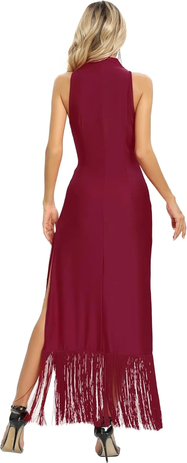 Aigeman Women Vintage Flapper Dresses 1920s Great Gatsby Halter Fringed Maxi Dress Tassels High Split Formal Dress 19