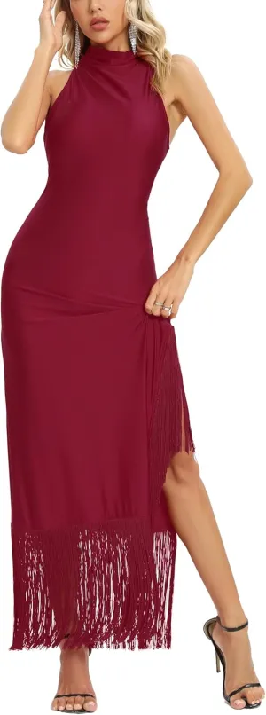 Aigeman Women Vintage Flapper Dresses 1920s Great Gatsby Halter Fringed Maxi Dress Tassels High Split Formal Dress 19
