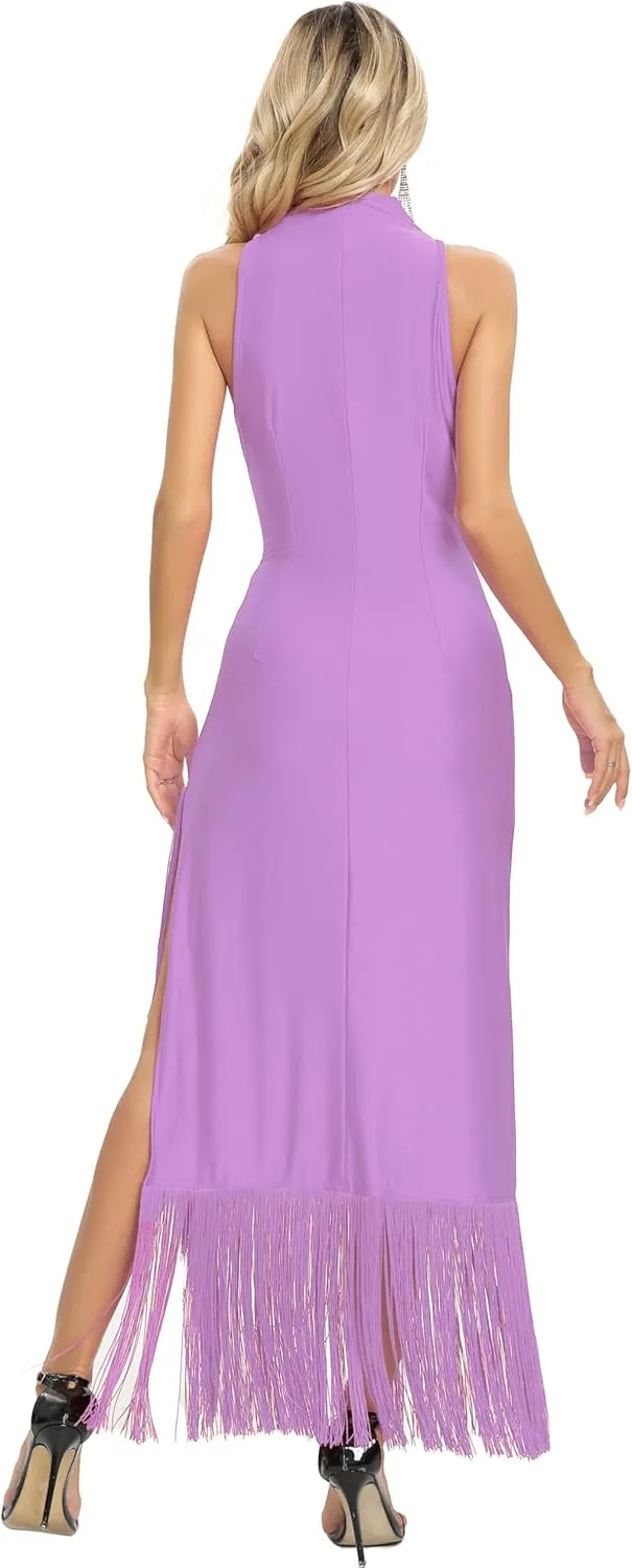 Aigeman Women Vintage Flapper Dresses 1920s Great Gatsby Halter Fringed Maxi Dress Tassels High Split Formal Dress 19