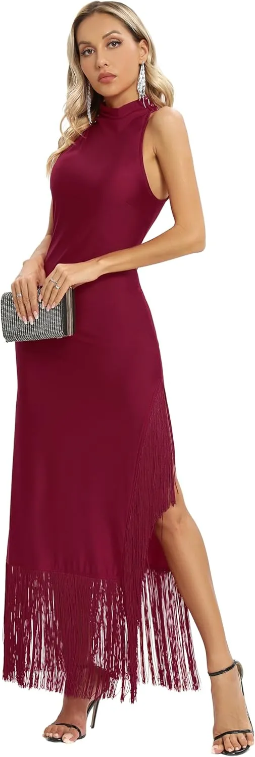 Aigeman Women Vintage Flapper Dresses 1920s Great Gatsby Halter Fringed Maxi Dress Tassels High Split Formal Dress 19