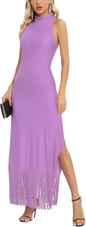 Aigeman Women Vintage Flapper Dresses 1920s Great Gatsby Halter Fringed Maxi Dress Tassels High Split Formal Dress 19