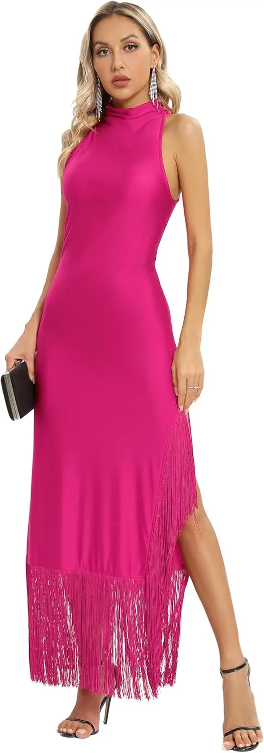 Aigeman Women Vintage Flapper Dresses 1920s Great Gatsby Halter Fringed Maxi Dress Tassels High Split Formal Dress 19
