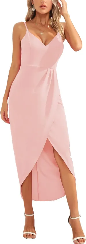 Aigeman Women's Spaghetti Straps Sexy Backless Satin Maxi Dress Summer Wedding Guest Dress Cocktail Party Dresses 7291