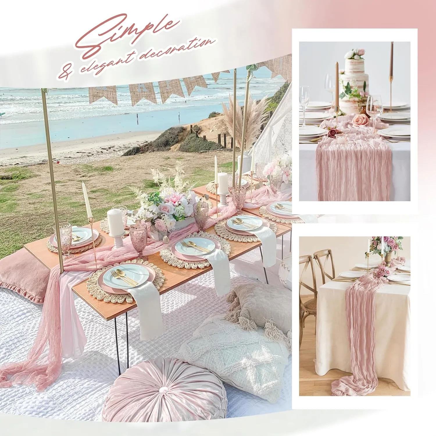 Aktor 12 Pack Dusty Pink Table Runner Boho Cheesecloth Table Runner Semi Sheer Gauze Fabric Table Runners for Wedding Birthday Baby Shower Party Boho Table Decoration（Dusty Pink）
