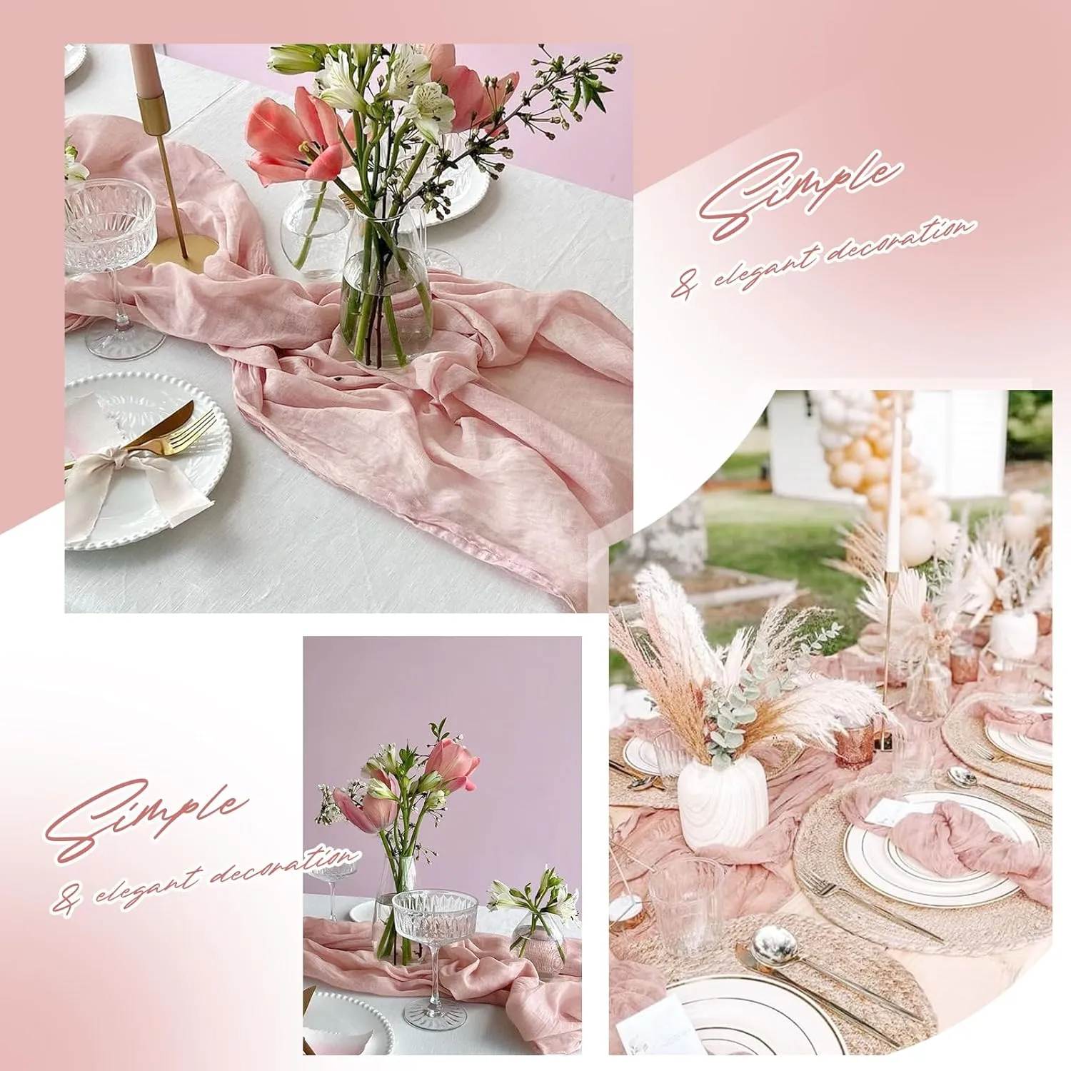 Aktor 12 Pack Dusty Pink Table Runner Boho Cheesecloth Table Runner Semi Sheer Gauze Fabric Table Runners for Wedding Birthday Baby Shower Party Boho Table Decoration（Dusty Pink）