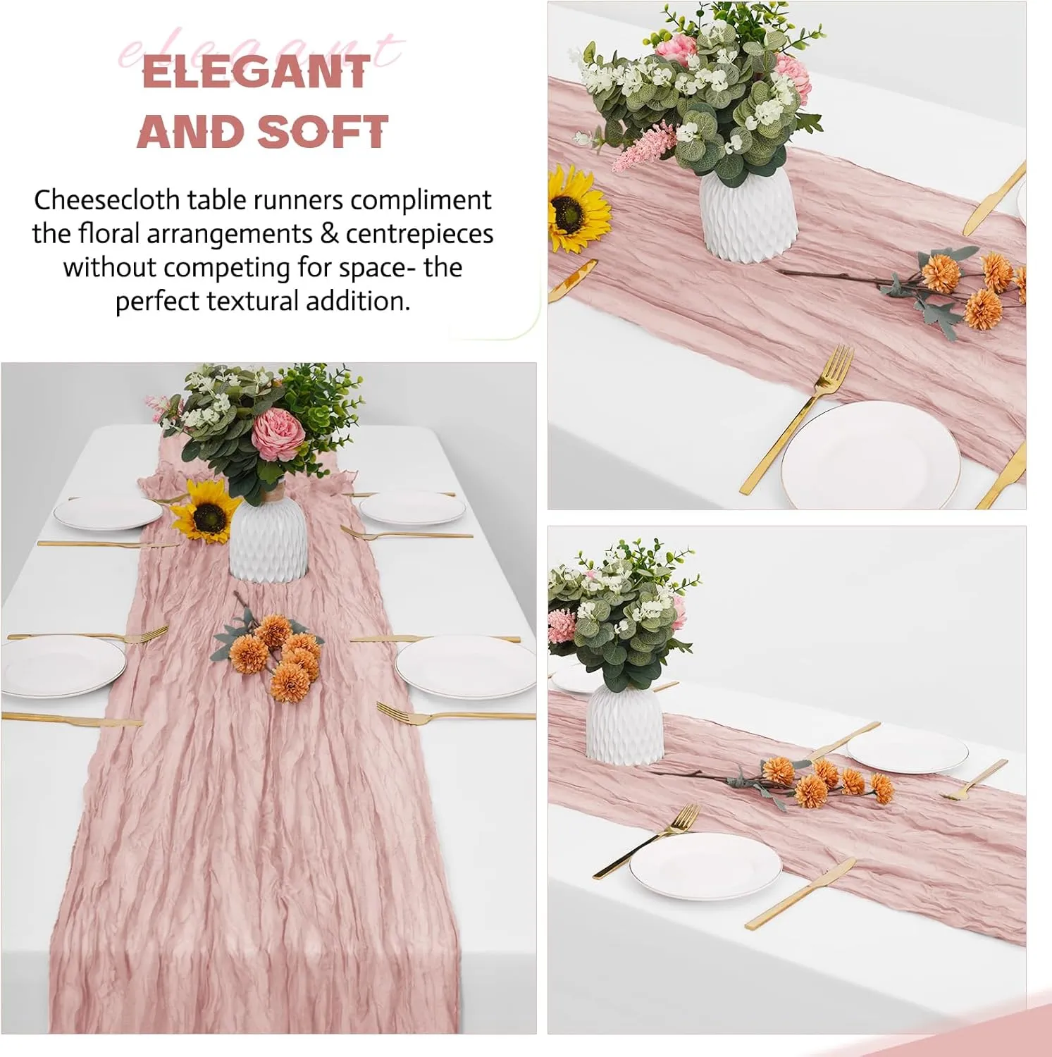 Aktor 12 Pack Dusty Pink Table Runner Boho Cheesecloth Table Runner Semi Sheer Gauze Fabric Table Runners for Wedding Birthday Baby Shower Party Boho Table Decoration（Dusty Pink）