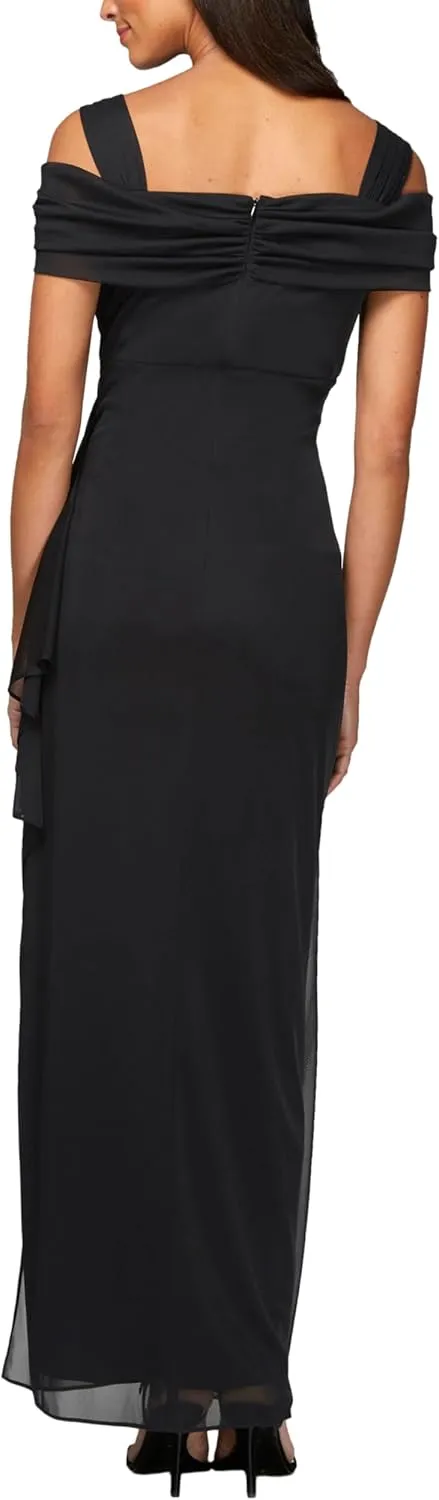 Alex Evenings Women's Long Cold Shoulder Dress, Mother of The Bride, Formal Events, (Petite and Regular Sizes)
