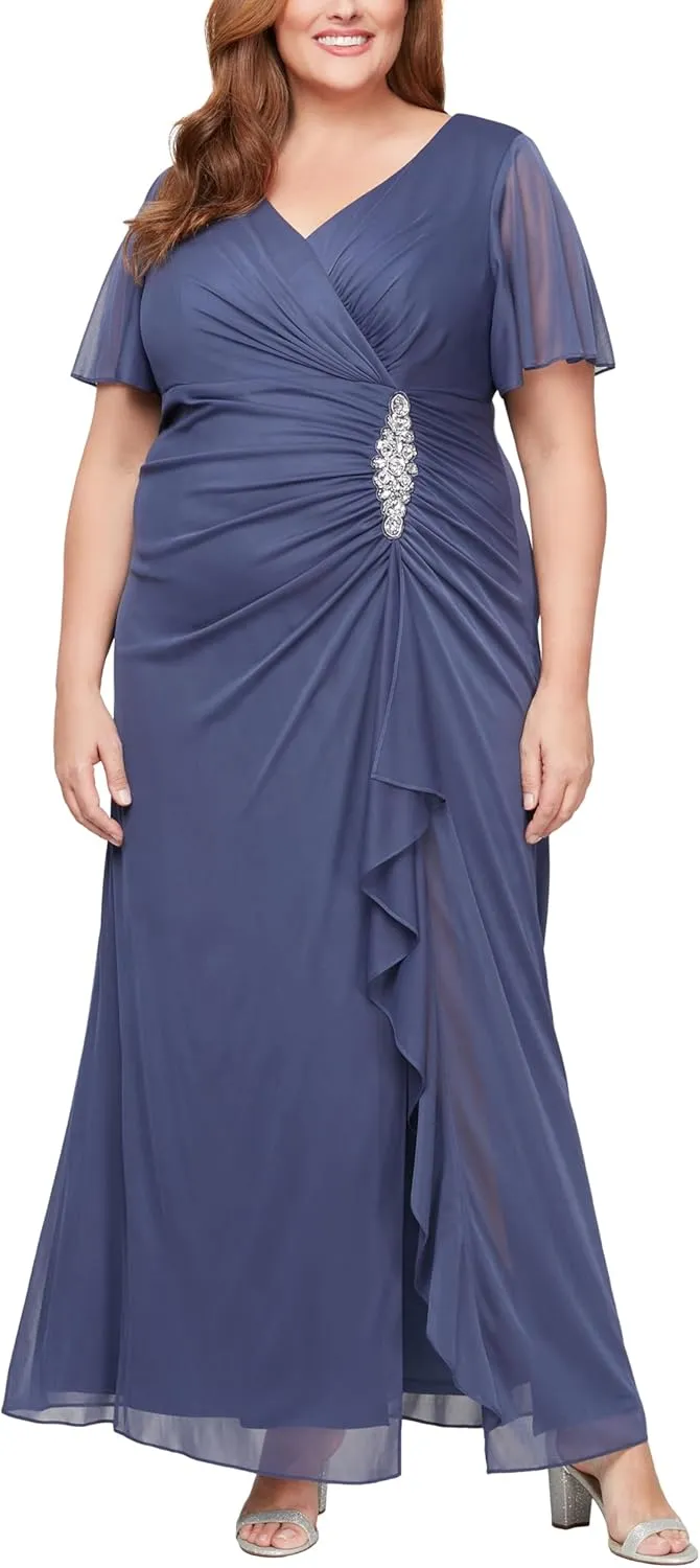 Alex Evenings Women's Long Surplice Neckline Mother of The Bride Flutter Sleeve Dress (Plus Size)