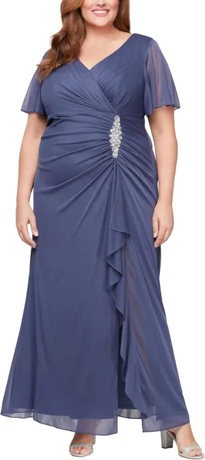 Alex Evenings Women's Long Surplice Neckline Mother of The Bride Flutter Sleeve Dress (Plus Size)