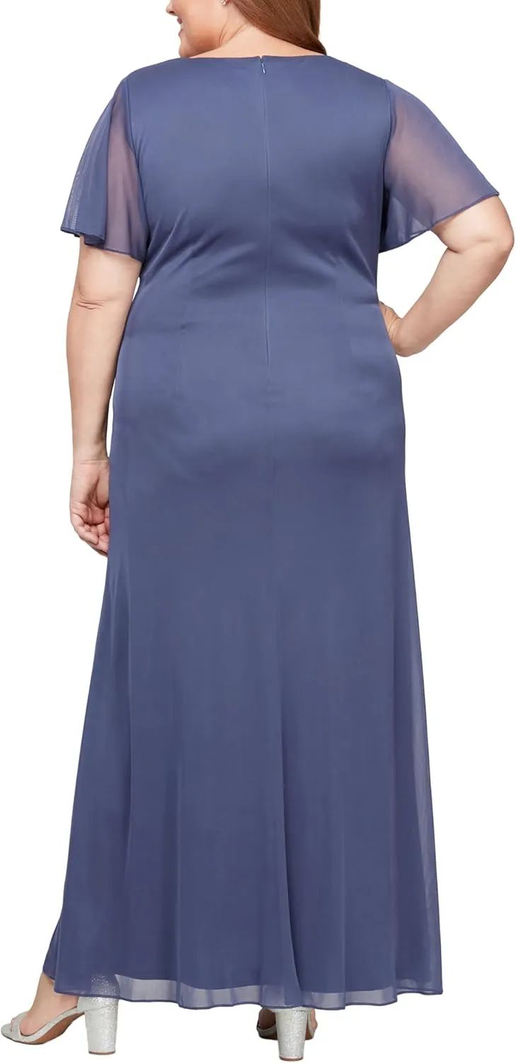 Alex Evenings Women's Long Surplice Neckline Mother of The Bride Flutter Sleeve Dress (Plus Size)