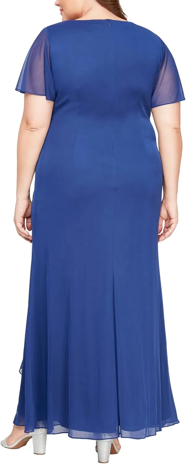 Alex Evenings Women's Long Surplice Neckline Mother of The Bride Flutter Sleeve Dress (Plus Size)