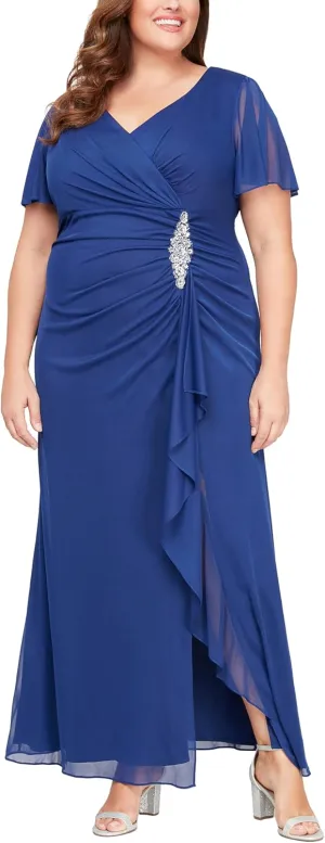 Alex Evenings Women's Long Surplice Neckline Mother of The Bride Flutter Sleeve Dress (Plus Size)