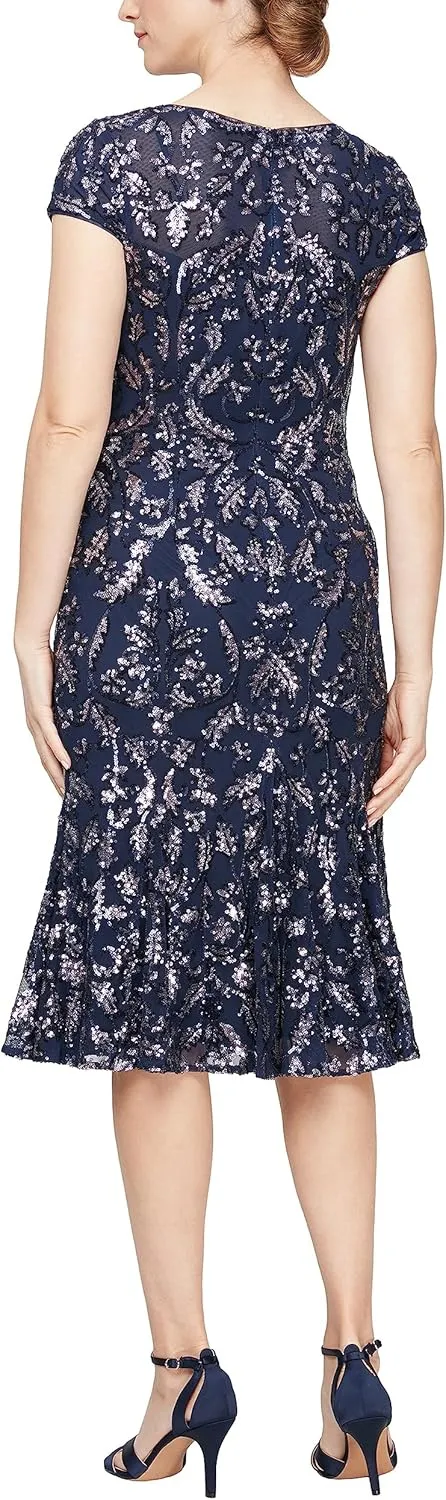 Alex Evenings Women's Tea Length Embroidered Cocktail Godets, Wedding Guest, Party Dress (Petite and Regular Sizes)